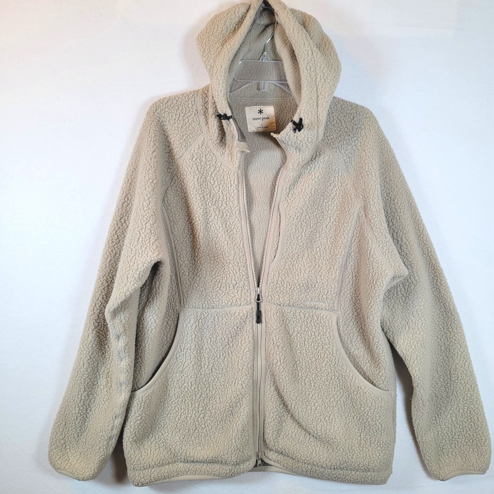 Snow Peak Mens Polartec Thermal Teddy Sherpa Hooded Jacket Coat Size Large Beige
